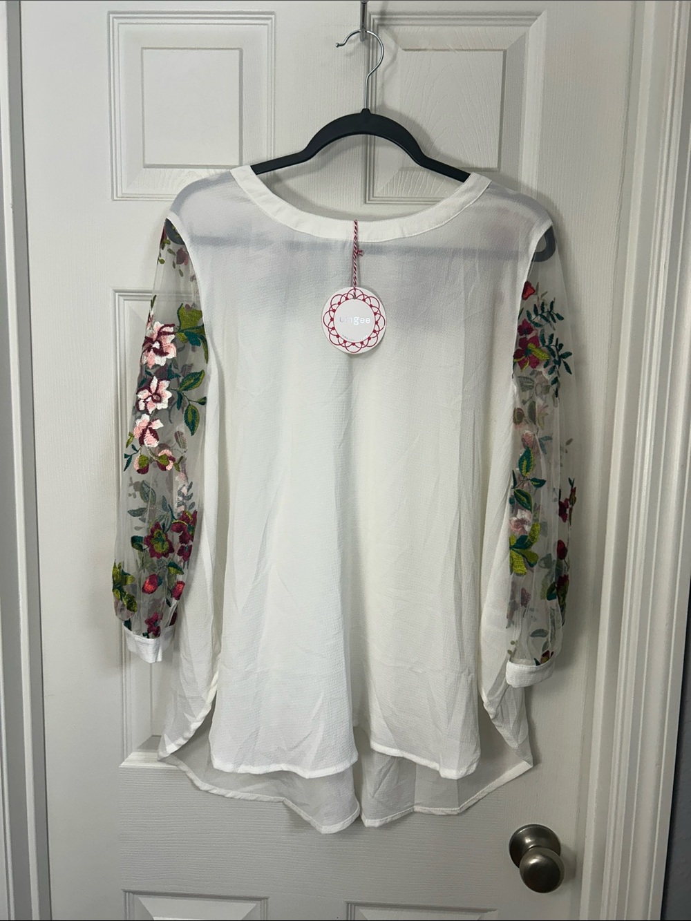 Umgee White Chiffon Top with Floral Embroidered Sheer Sleeves